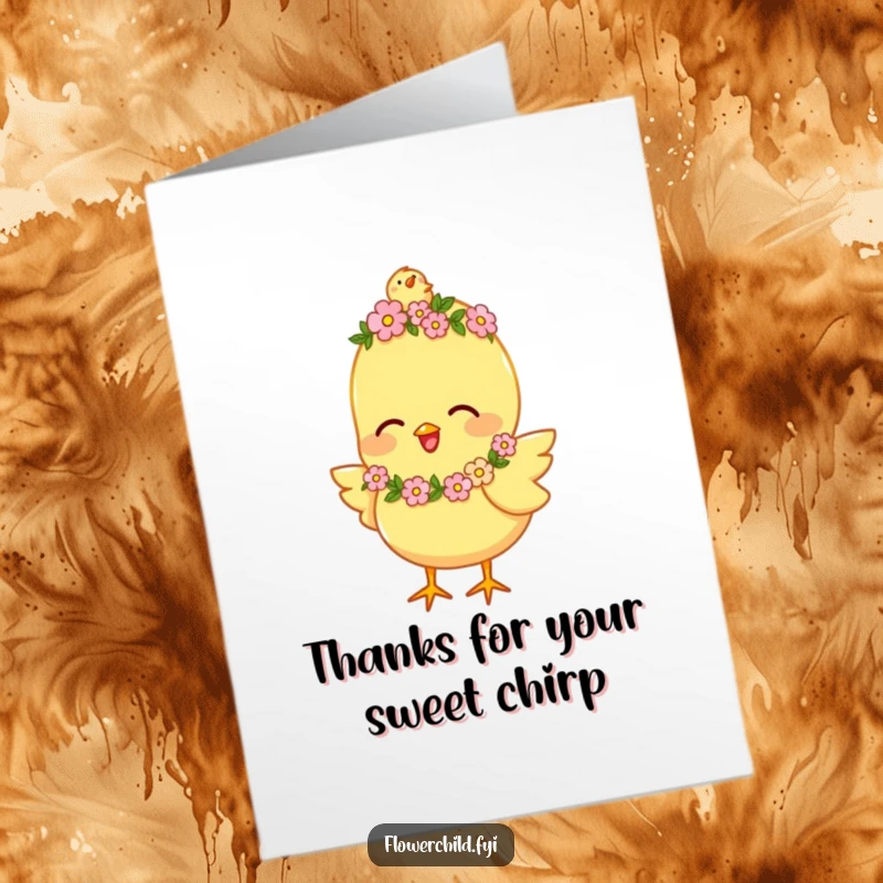 Funny Free Printable Thank You Card of a happy chick wearing a flower garland, joyfully chirping to express heartfelt thanks.