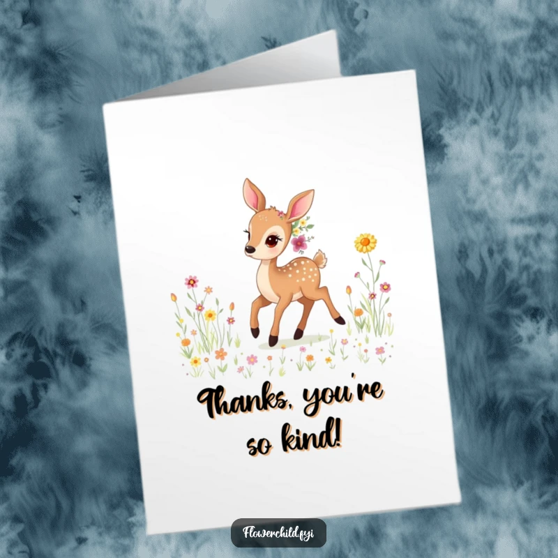 Funny Free Printable Thank You Card: A gentle deer wearing wildflowers, prancing through a lush, sunlit meadow.