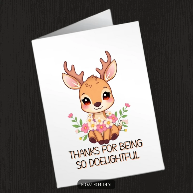 Funny Free Printable Thank You Card: A gentle deer with a vibrant flower garland around its neck, saying thank you.