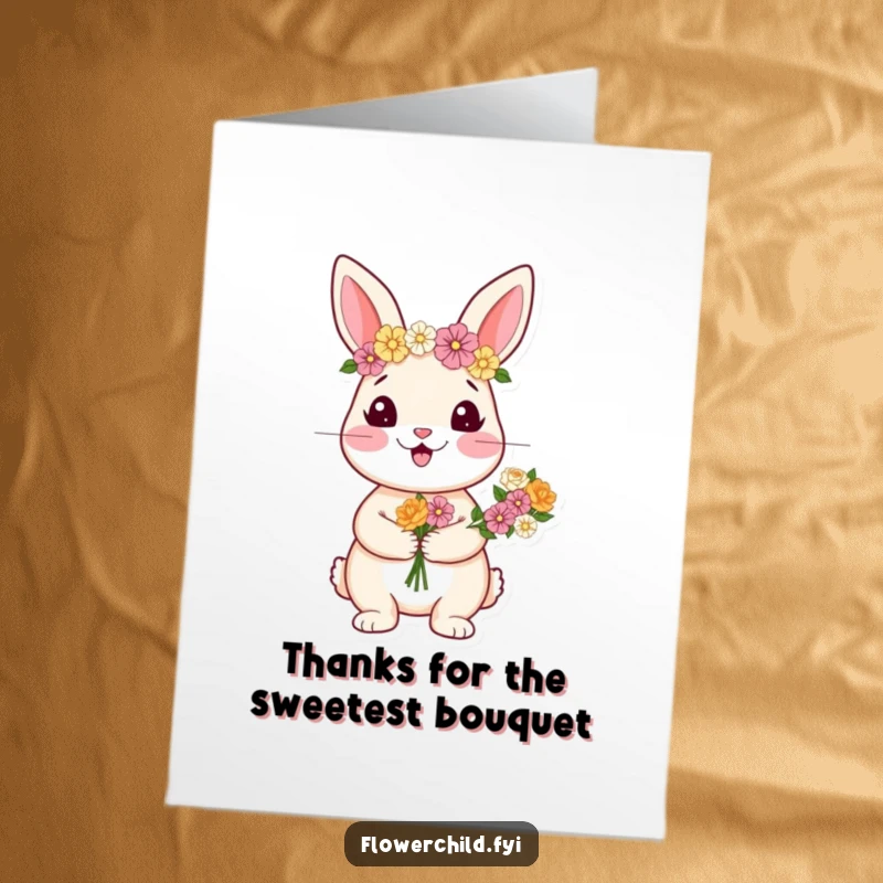 Funny Free Printable Thank You Card: A happy rabbit with a flower crown and bouquet offers thanks with joy.
