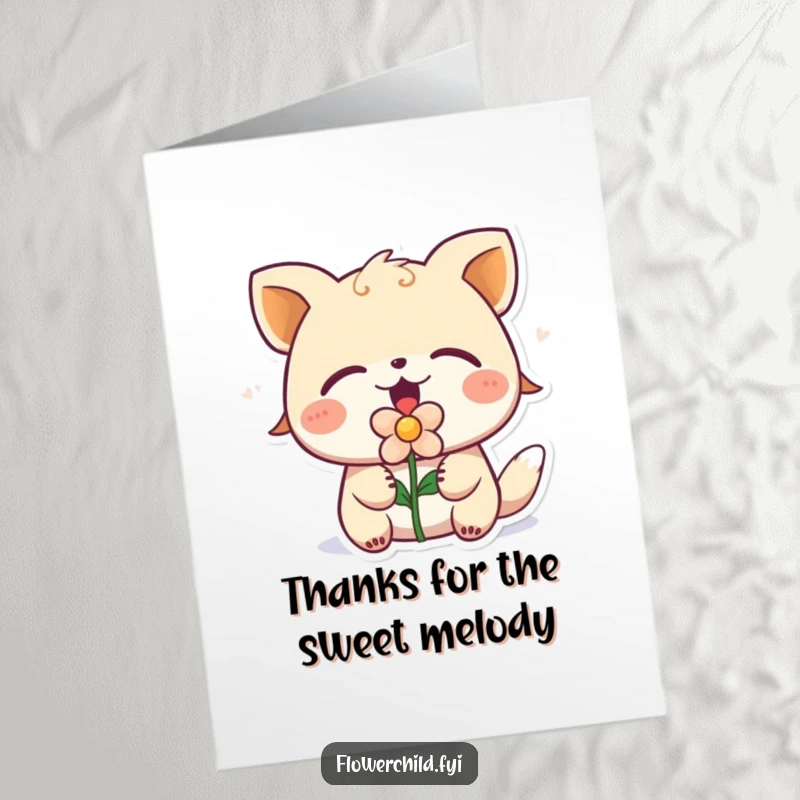 Funny Free Printable Thank You Card: Animal with Flower in Mouth Singing Thanks, Eyes Closed, Heartfelt Melody