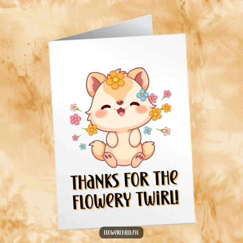 Funny Free Printable Thank You Card of an animal character with flowers in its fur, spinning in a happy, grateful motion.