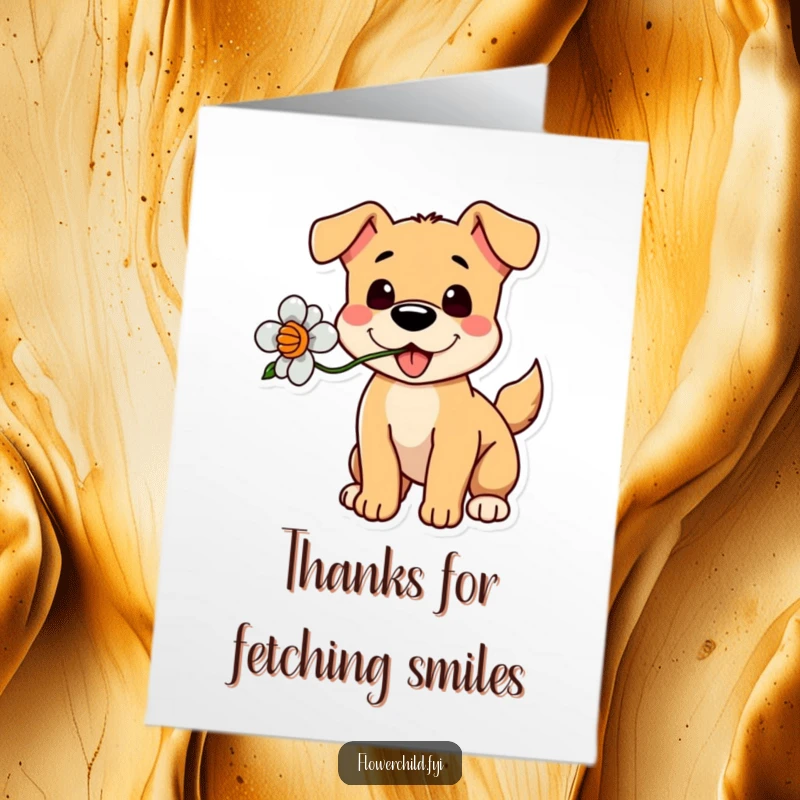 Funny Free Printable Thank You Card: A playful dog holding a flower gently in its mouth, its tail expressing pure happiness.