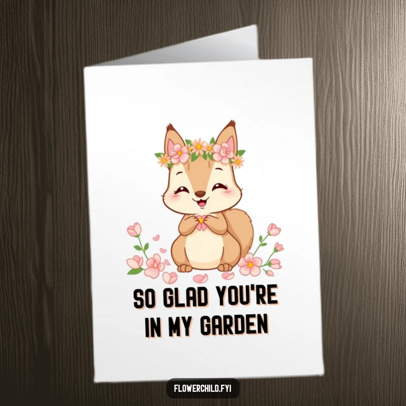 Funny Free Printable Thank You Card with a cute squirrel wearing a flower crown, diligently gathering petals to express sincere appreciation.
