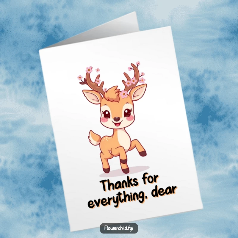 Funny Free Printable Thank You Card: A smiling deer with blossoms on its antlers, prancing playfully to say thank you.