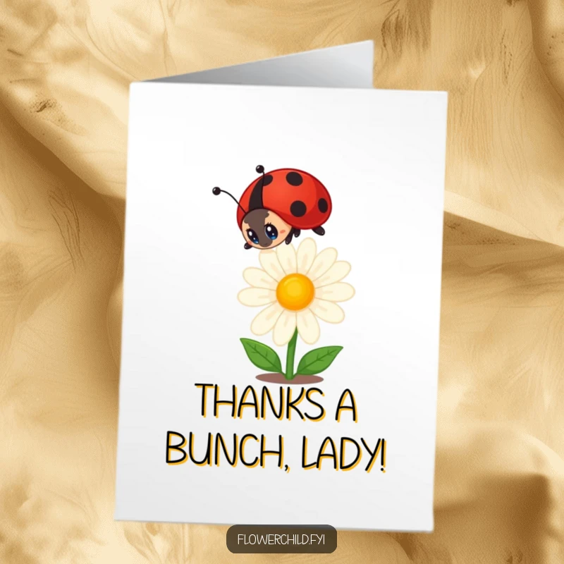 Funny Free Printable Ladybug Thank You Card: Curious ladybug watching a daisy bloom, a sweet way to say thanks.