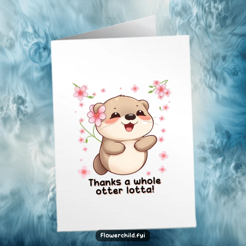 Funny Free Printable Thank You Card: Adorable Otter with Flower, Floating Contentedly