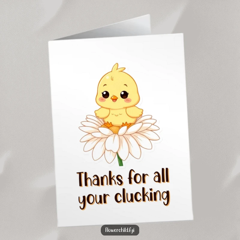 Funny Free Printable Thank You Card featuring a happy chick on a daisy, a cute download to show gratitude.