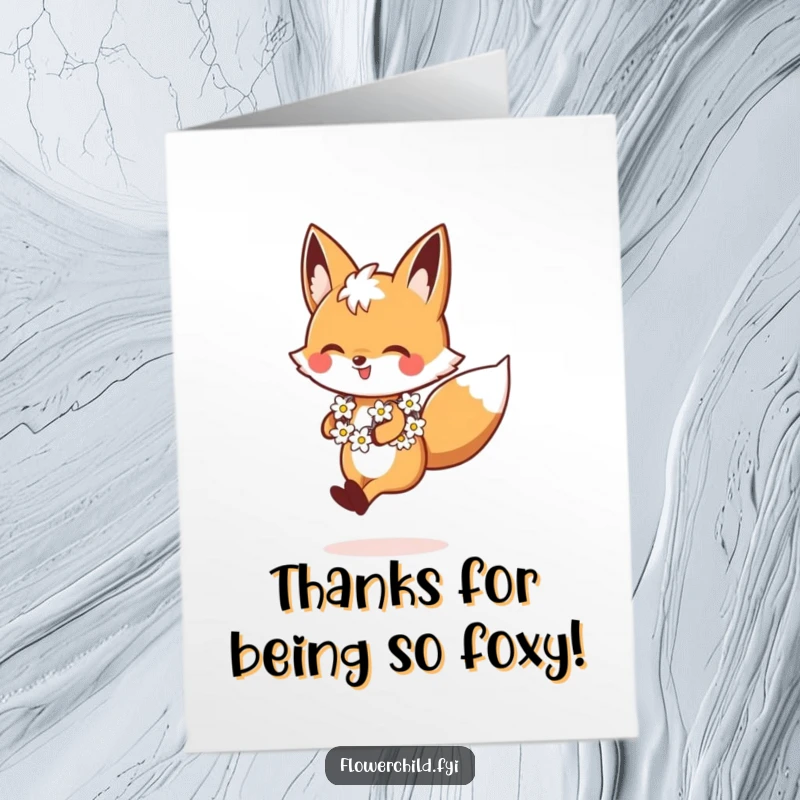 Funny Free Printable Thank You Card: A fox wearing a daisy chain skips along, conveying thanks.
