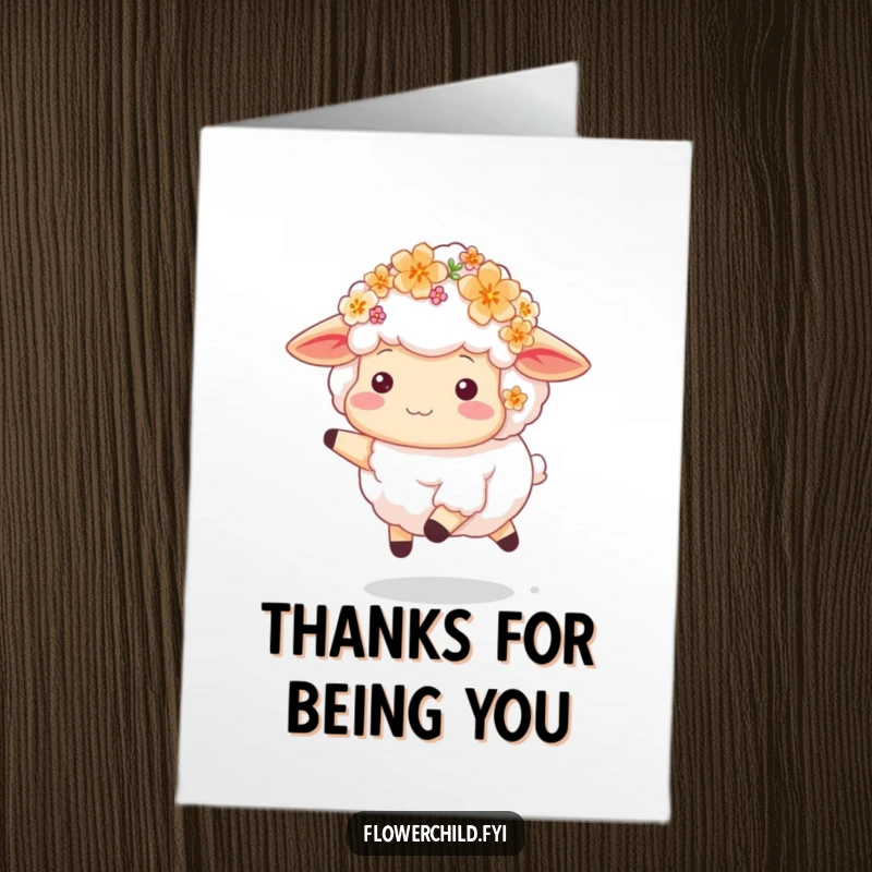 Funny Free Printable Thank You Card: A fluffy sheep adorned with bright blossoms skips happily, conveying sincere thanks.