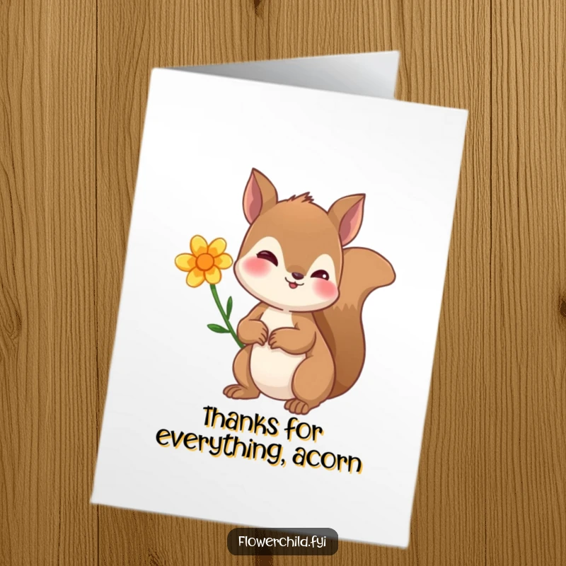 Funny Free Printable Thank You Card: A curious squirrel wearing a flower behind its ear, expressing gratitude with a smile.
