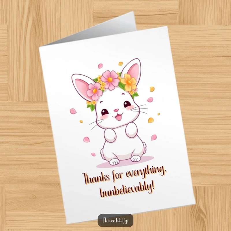 Funny Free Printable Thank You Card: Cute bunny in a flower crown scattering petals, conveying thanks.