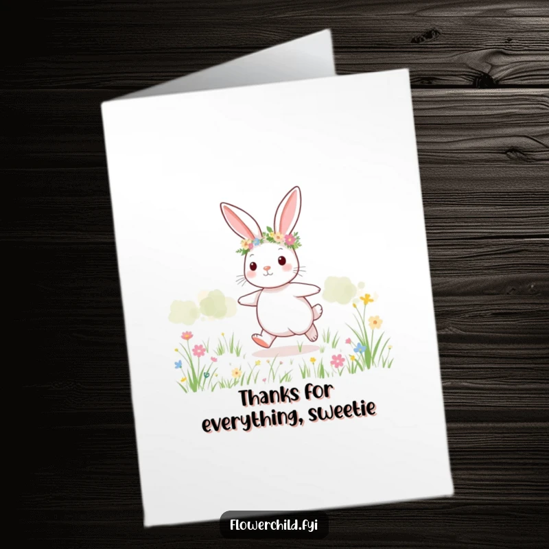 Funny Free Printable Thank You Card: A cute bunny wearing a flower crown happily skips, conveying sweet gratitude.
