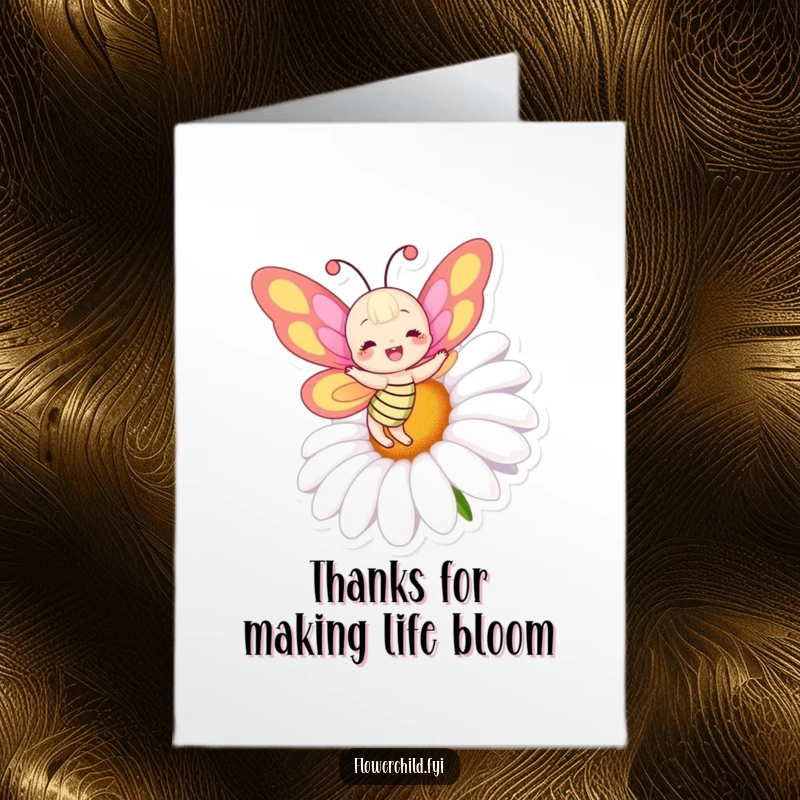 Funny Free Printable Thank You Card: A happy butterfly with vivid wings performs a playful dance around a large daisy.