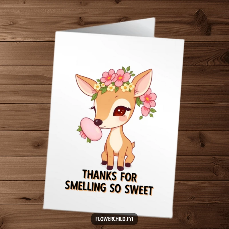 Funny Free Printable thank you card: a curious deer with a flower garland sniffing a large bloom, a charming way to say thanks.