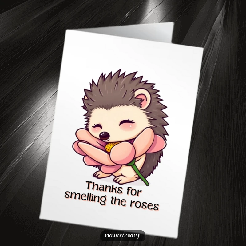 Funny Free Printable Thank You Card depicting a curious hedgehog character gently smelling a beautiful, oversized flower.