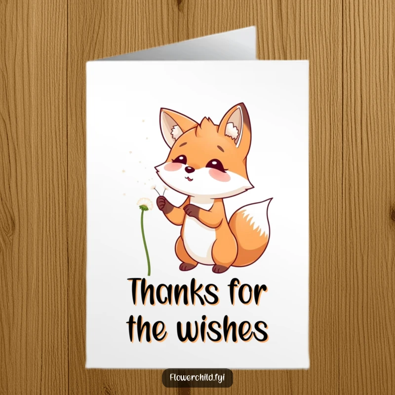 Funny Free Printable Thank You Card featuring a playful fox blowing dandelion seeds, sending a grateful breeze your way.