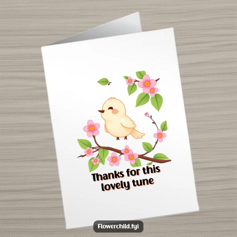 Funny Free Printable Thank You Card: A serene bird atop a blooming vine sings a joyful thank you tune.