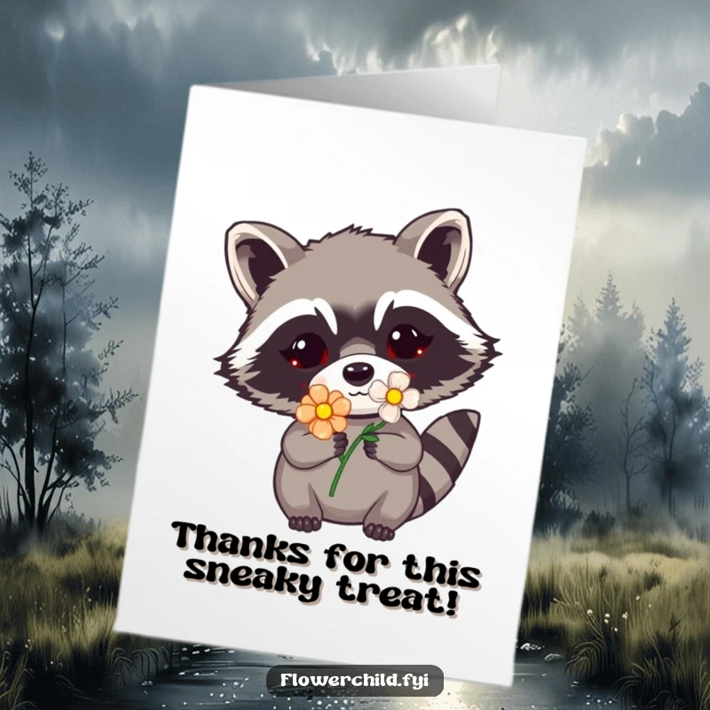 Funny Free Printable Thank You Card: A mischievous raccoon peeking out, a delicate flower tucked into its mask.