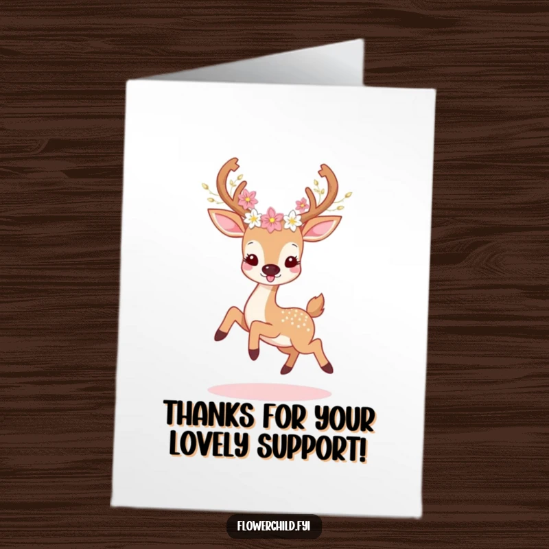 Free Printable Thank You Card: A happy deer prancing, its antlers elegantly adorned with blooming flowers.