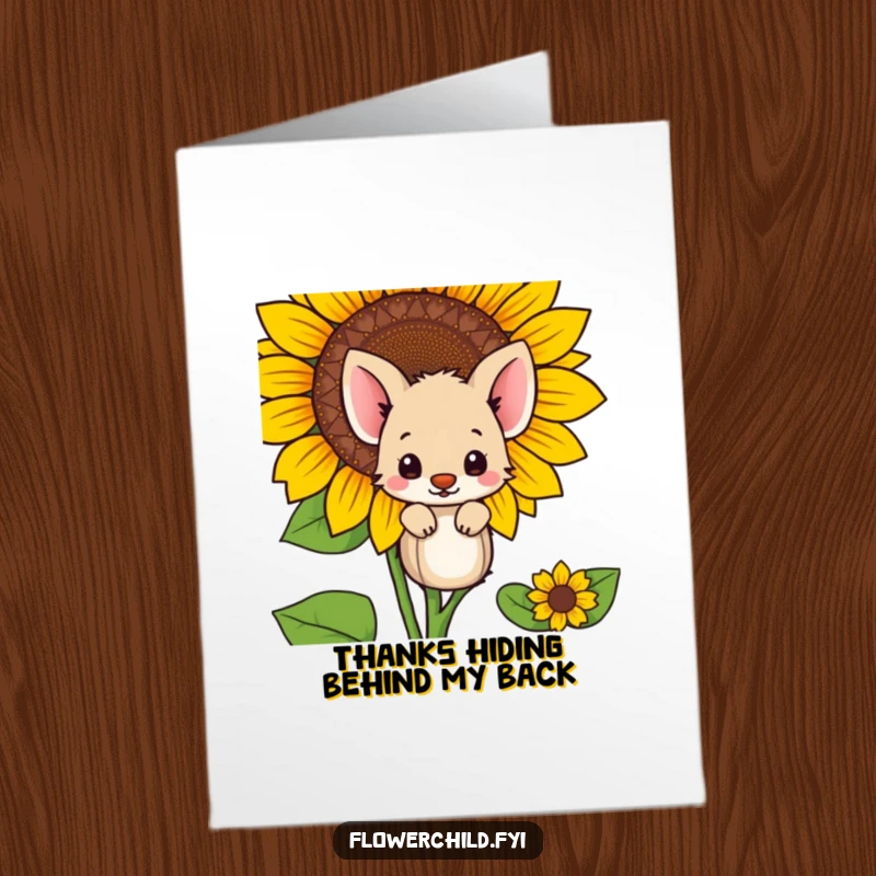 Funny Free Printable Thank You Card: Shy Animal Peeking from Behind Sunflower, Thankful, Bashful Gratitude