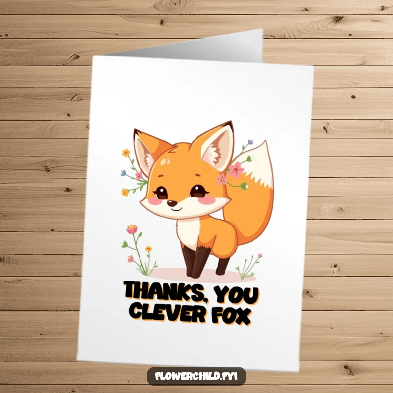 Funny Free Printable Thank You Card: A playful fox adorned with wildflowers dances energetically to express thanks.