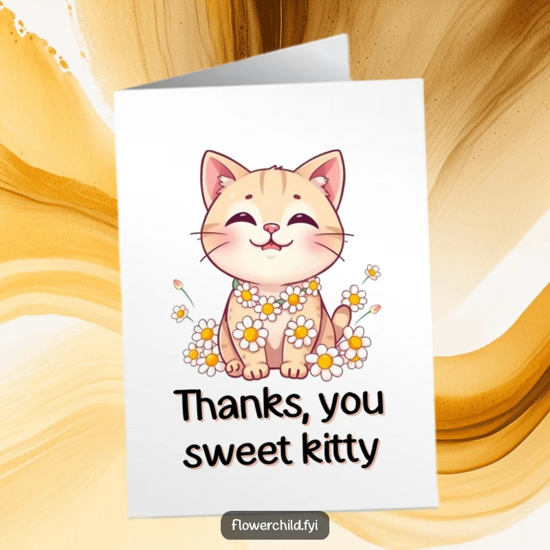 Funny Free Printable Thank You Card: A happy, smiling cat wearing a beautiful daisy chain, with petals gently falling around it.