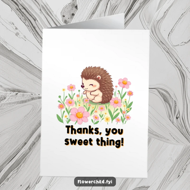 Funny Free Printable Thank You Card: A cheerful hedgehog rolling in flower fun, conveying thanks.