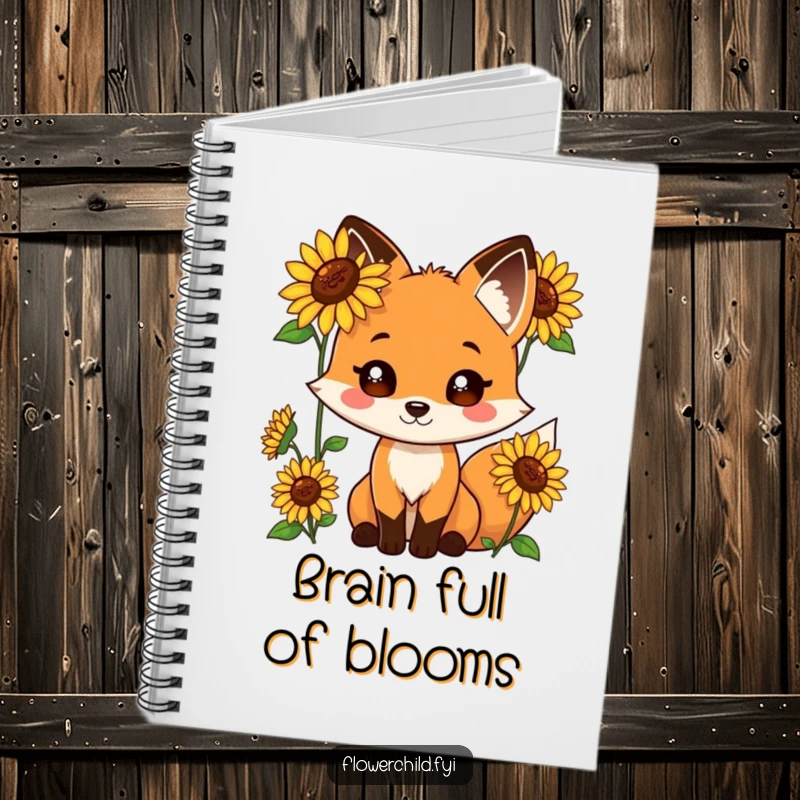 Funny notebook with a playful fox character with sunflowers growing from its fur.