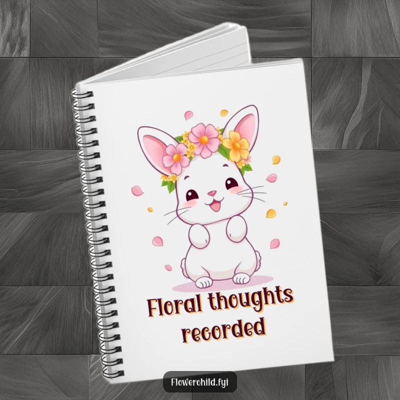 Funny Bunny Notebook, featuring a bright bunny with a flower crown tossing petals, perfect for writing and drawing, a cute funny gift.