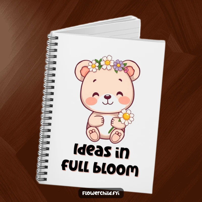 Funny bear cub notebook, a cheerful bear cub with a flower crown holding a daisy, perfect for capturing sweet thoughts.