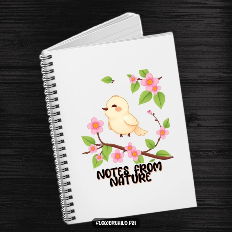 Funny notebook with a serene bird character perched on a blooming vine, singing joyfully.