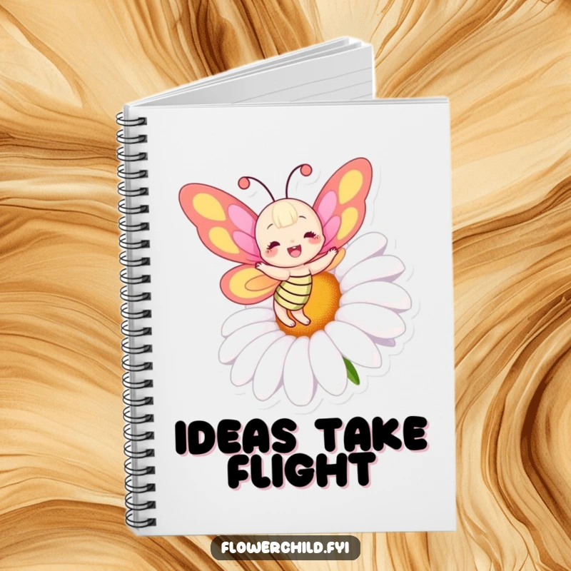 Funny notebook with a joyful butterfly character, colorful wings spread, dancing around a large, happy daisy.
