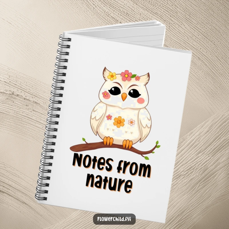 Funny notebook with a contented owl with flowers in its feathers resting on a branch, ideal for peaceful journaling.