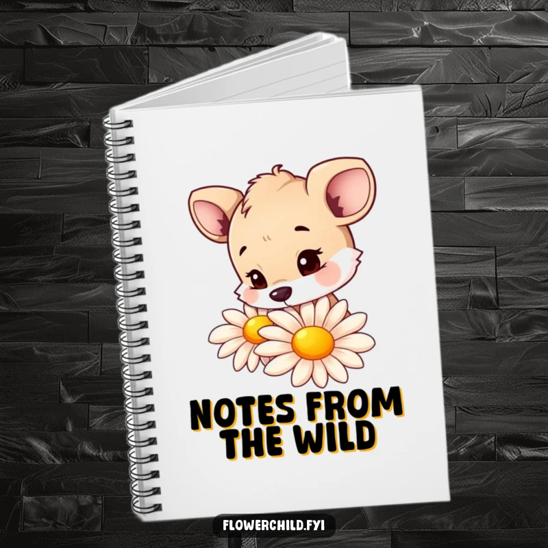 Funny notebook featuring a curious animal character sniffing a large, colorful daisy, ideal for notes and sketches.