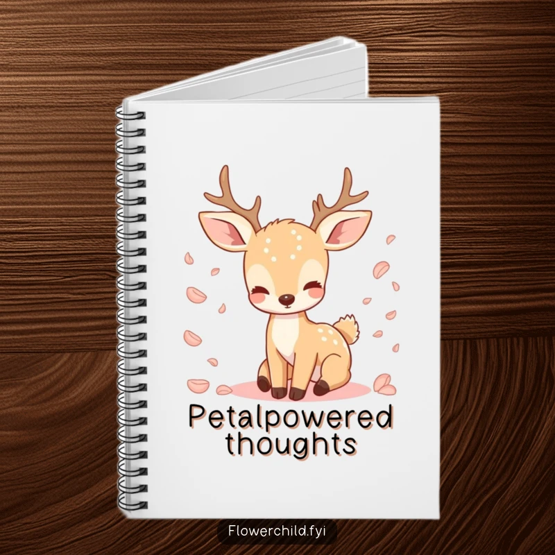 Funny notebook with a serene deer character and falling petals on the cover, ideal for journaling or note-taking.