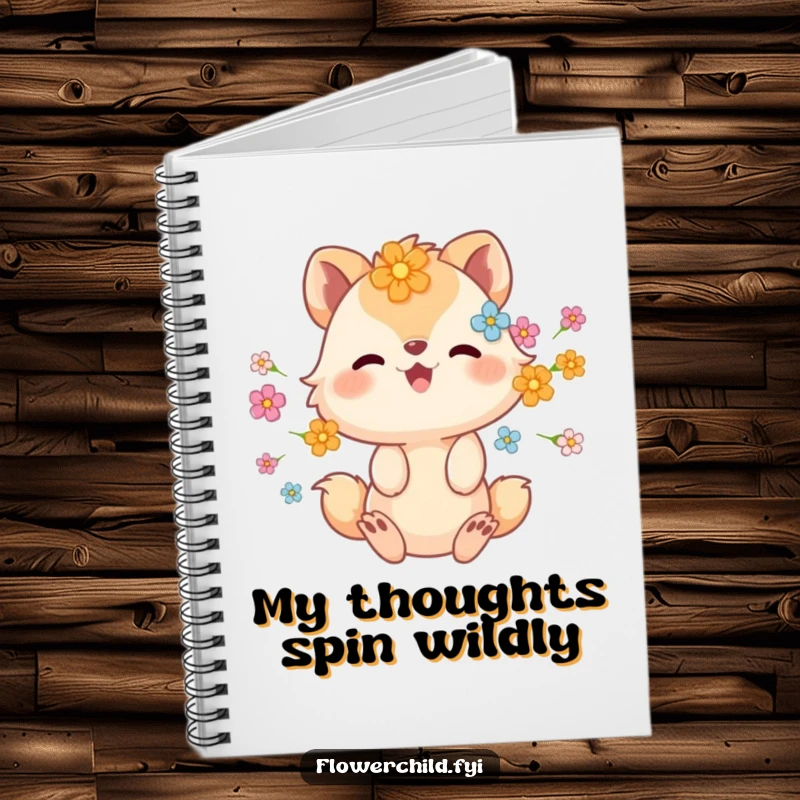 Funny notebook featuring an animal character with flowers in its fur, spinning gleefully, perfect for notes.