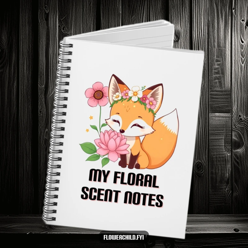Funny curious fox character wearing a flower crown, sniffing a giant bloom, an ideal notebook for ideas.