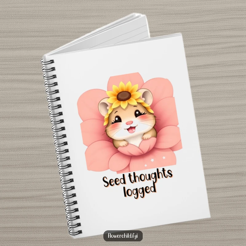 Funny notebook with a giggling hamster wearing a sunflower headpiece, peeking from a flower, perfect for notes.