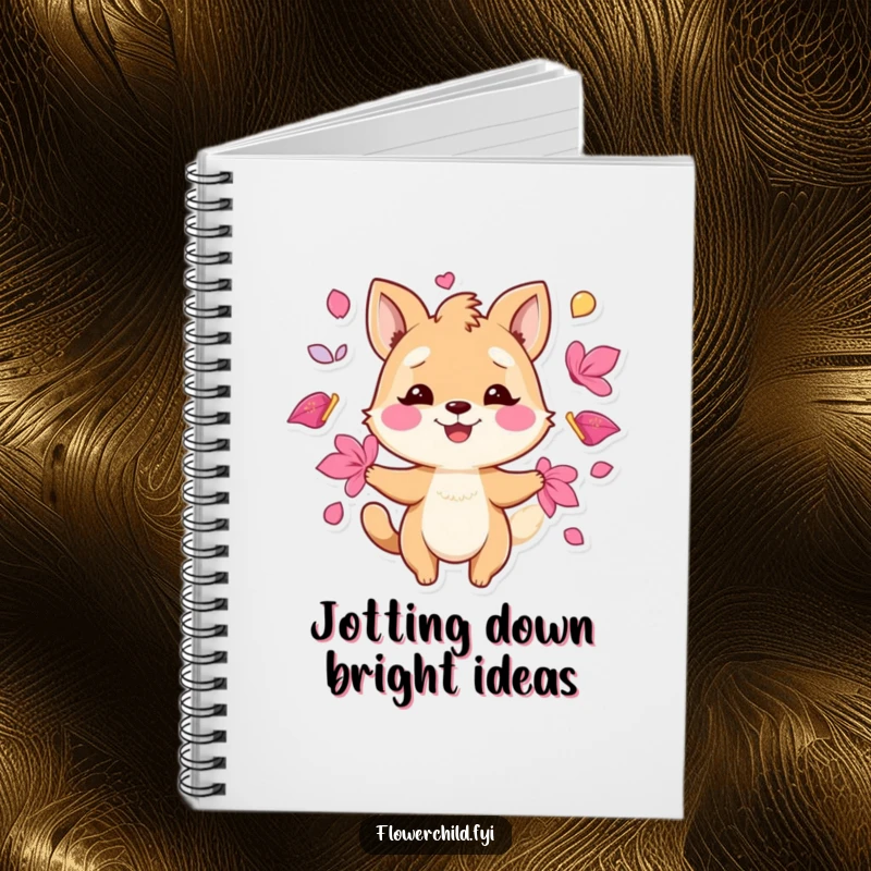 Funny notebook featuring a playful animal character juggling vibrant petals with a smile, perfect for notes.