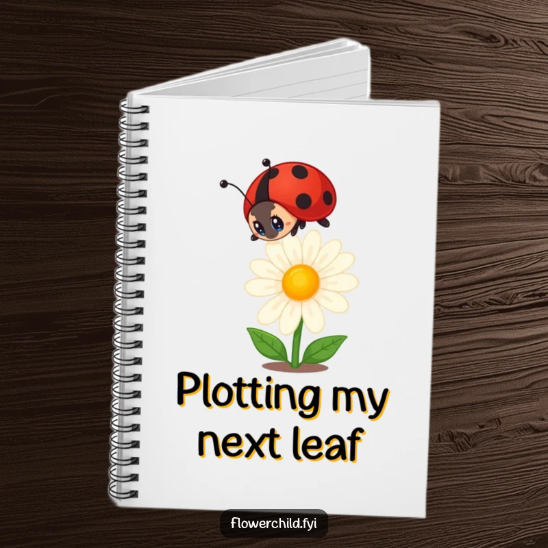 Funny ladybug notebook with a curious ladybug observing a daisy, perfect for note-taking with a whimsical and nature-inspired theme.