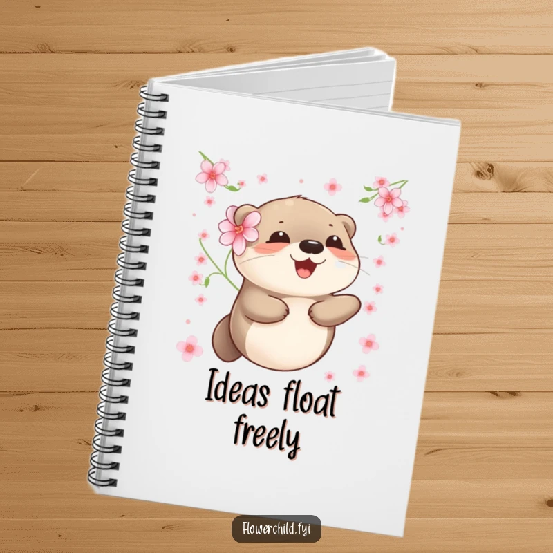 Funny otter notebook with a happy otter and a flower, floating serenely among delicate floating blossoms.