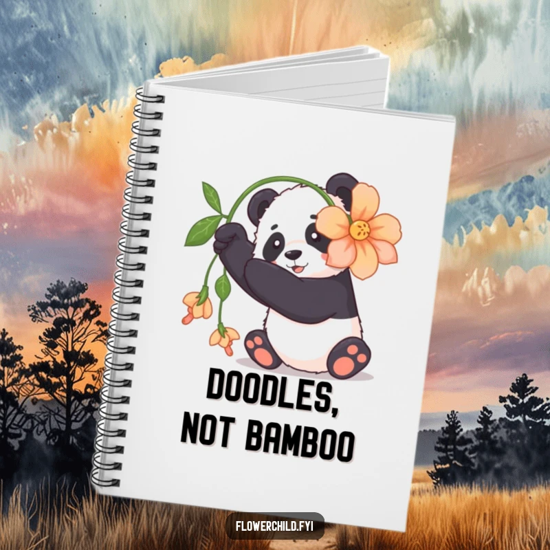 Funny panda notebook with a cuddly panda playfully batting at a large, dangling flower, utterly adorable.