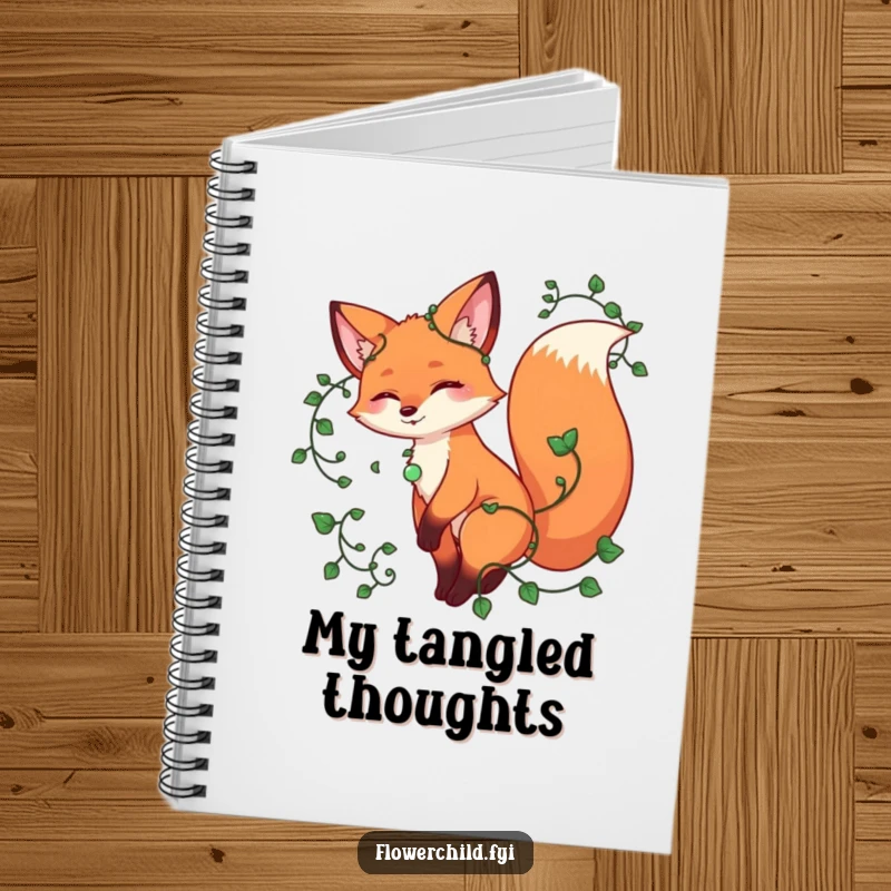 Funny fox notebook, a playful fox twirling with vines entwined around its tail, perfect for capturing wild ideas.