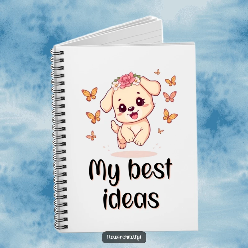 Funny Puppy Notebook: A playful puppy with a flower crown chases butterflies across the cover, inspiring happy notes and playful ideas.