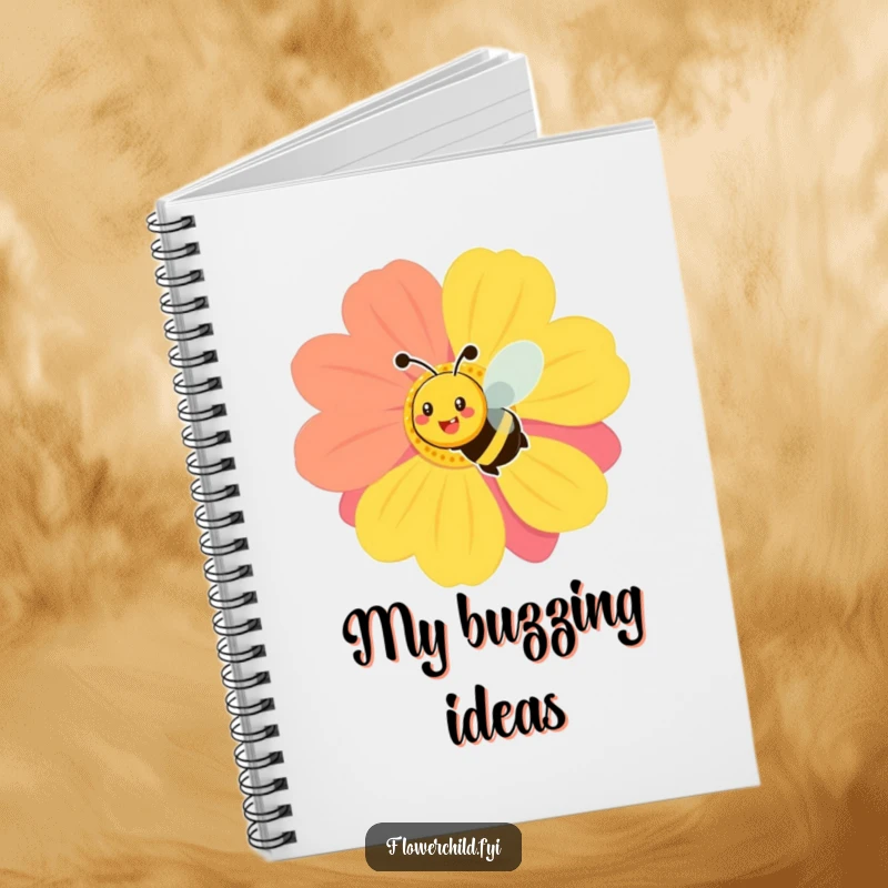 Funny notebook cover with a smiling bee buzzing around a large, colorful flower, inspiring cheerful thoughts and creativity.