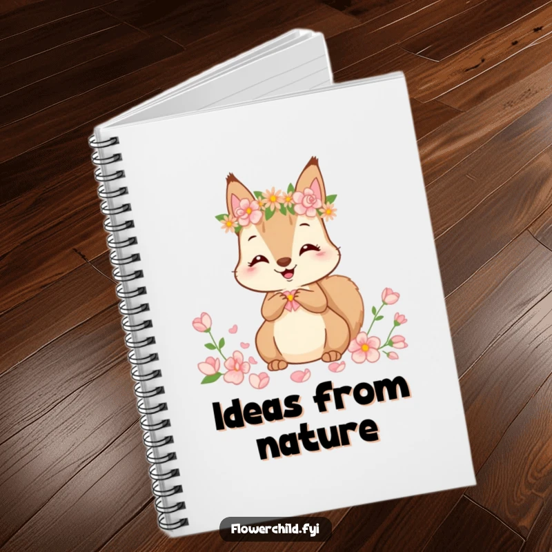 Funny Notebook with a cute squirrel wearing a flower crown, happily gathering petals, for journaling and note-taking.