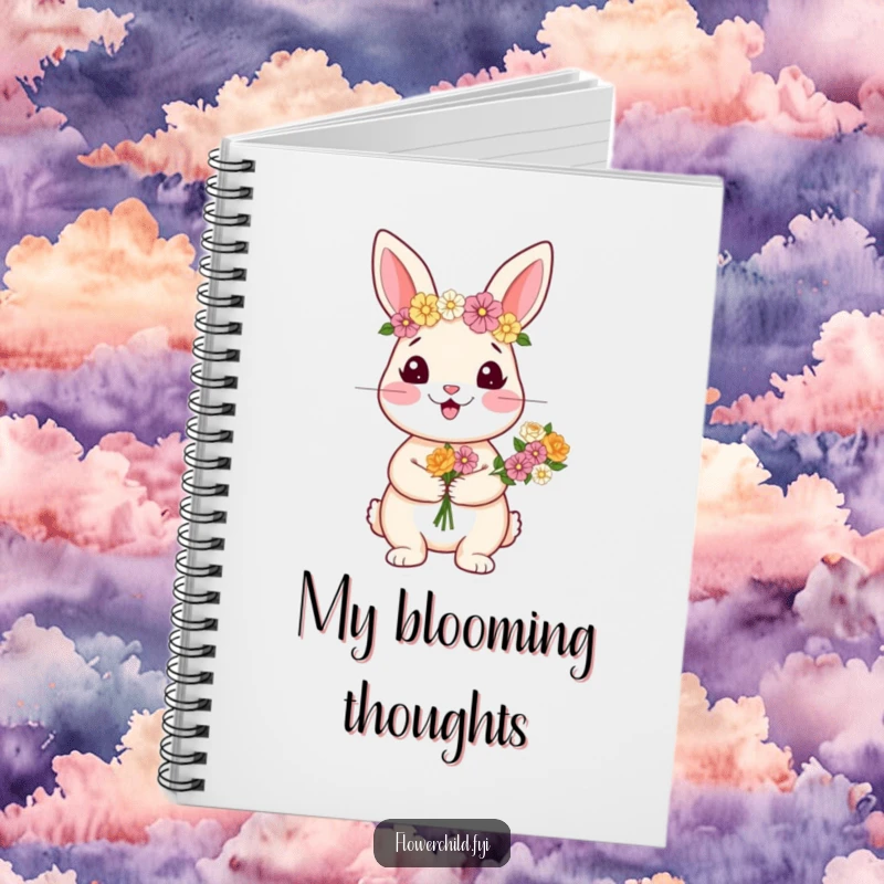 Funny notebook with a happy rabbit character wearing a flower crown and holding a beautiful bouquet.
