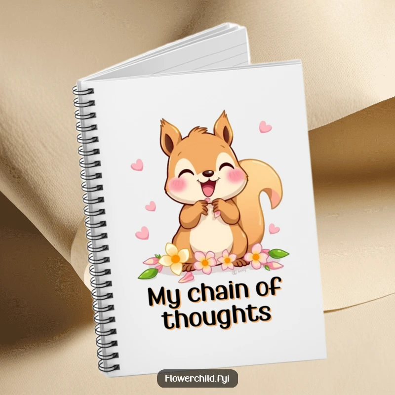 Funny notebook with a delighted squirrel character gathering petals for a flower chain.