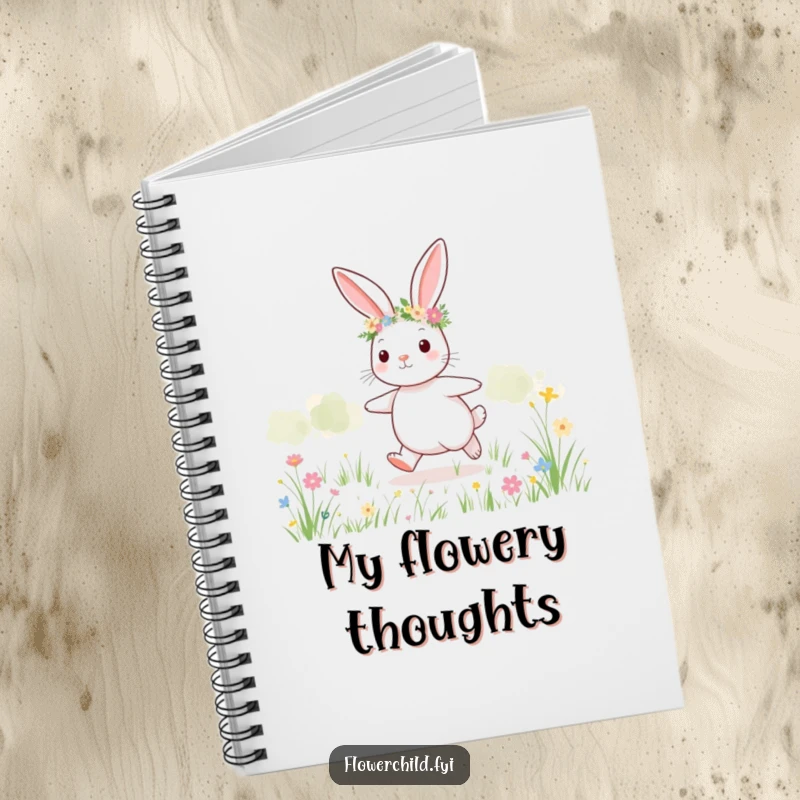 Funny bunny meadow notebook, a cute bunny wearing a flower crown skipping through a field.